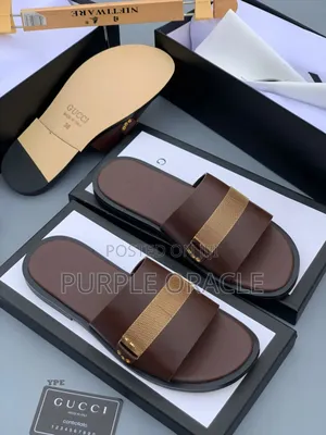 Brown Leather Slides With Gold-Tone Mesh Strap.