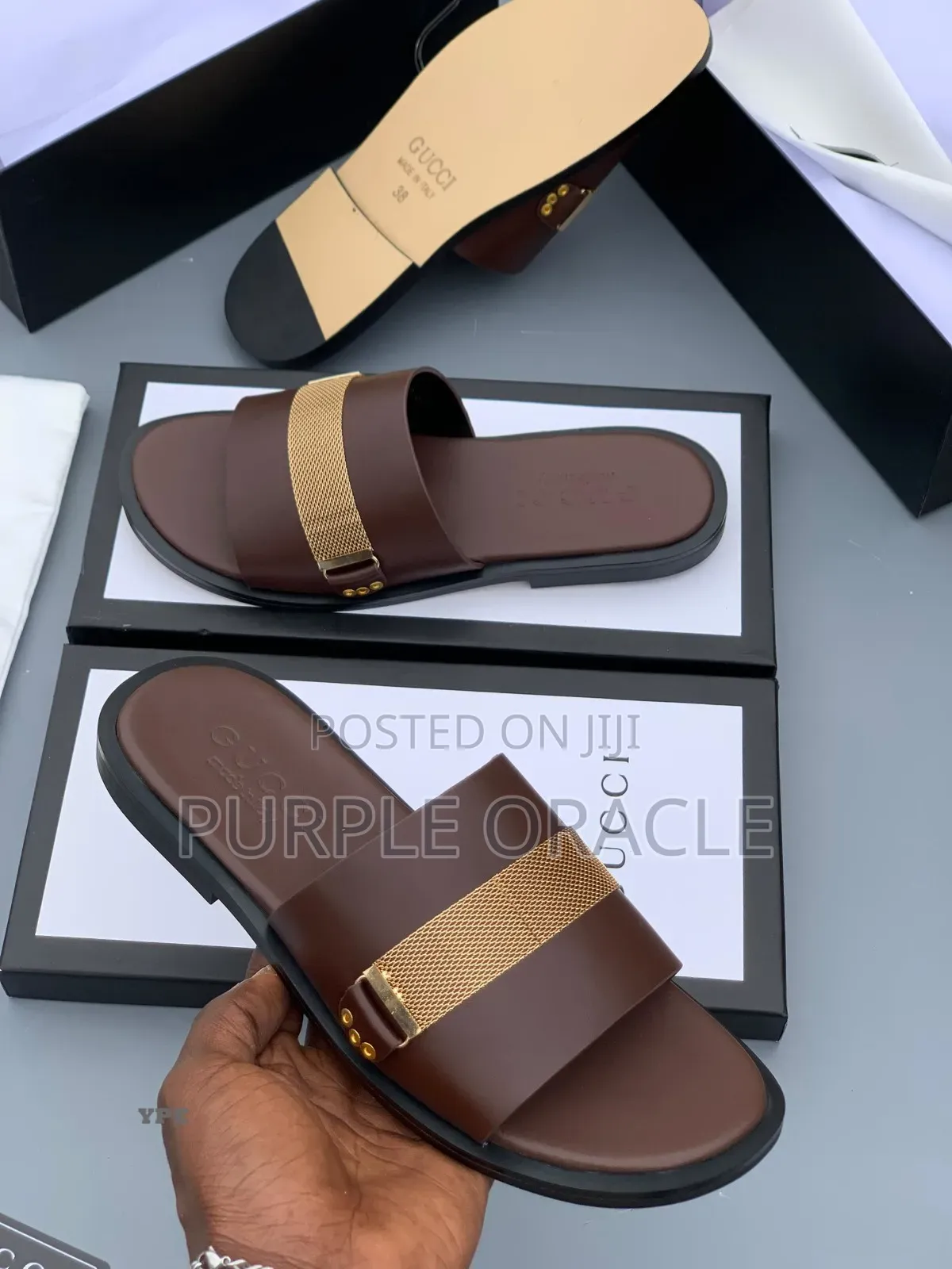 Brown Leather Slides With Gold-Tone Mesh Strap.