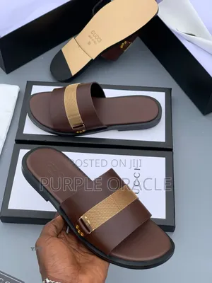 Brown Leather Slides With Gold-Tone Mesh Strap.