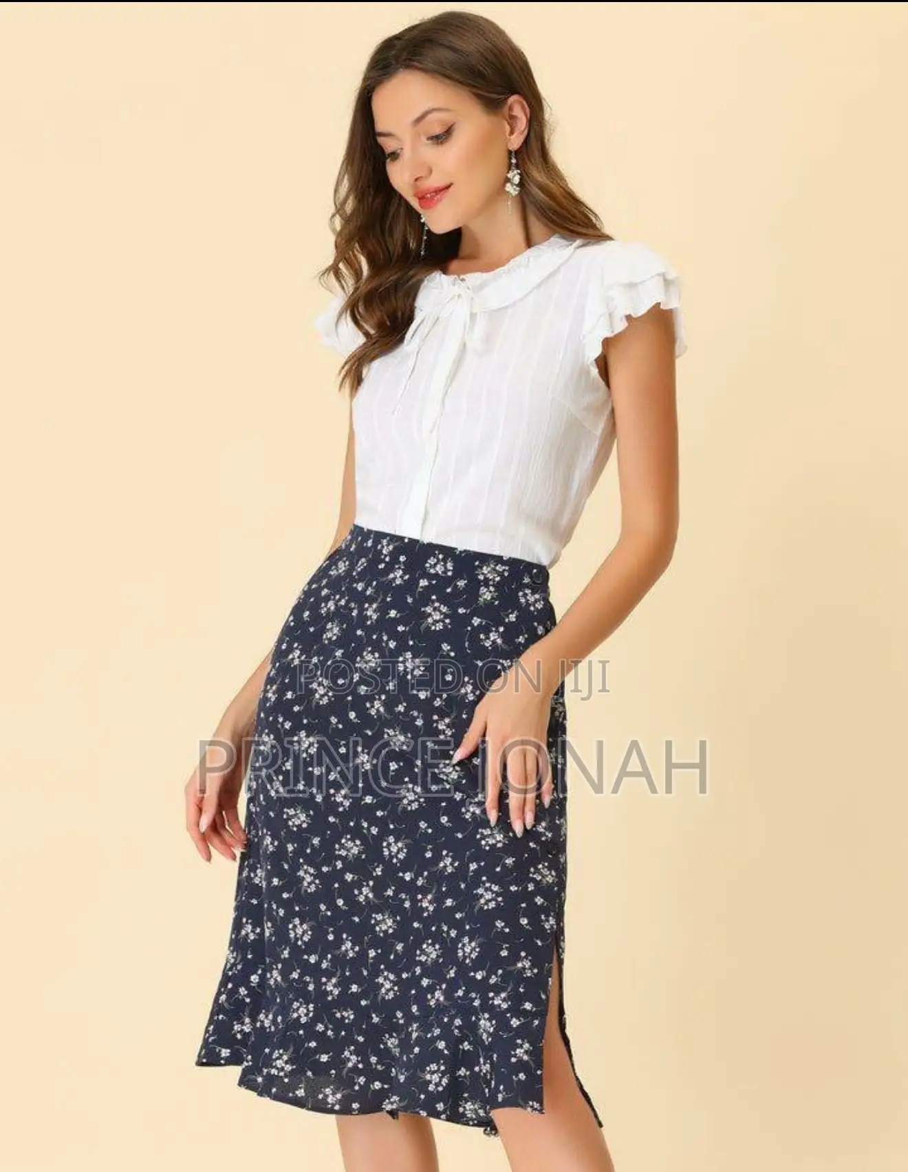 Floral Ruffle Elastic High Waist Button Flowy Split