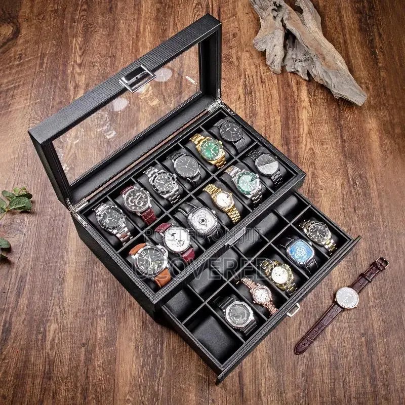 24- Slot Watch Box, Watch Case With Glass Lid, 2 Layers