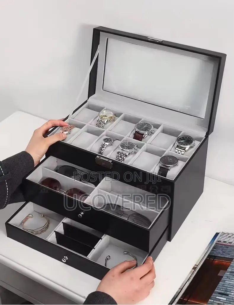 High End 12 Slot Watch Case for Men, With 2-Layer Jewelry