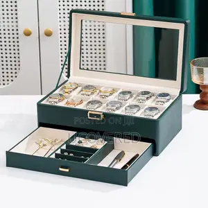 12 Slot Watch Case, With Jewelry Compartment, With Glass Lid
