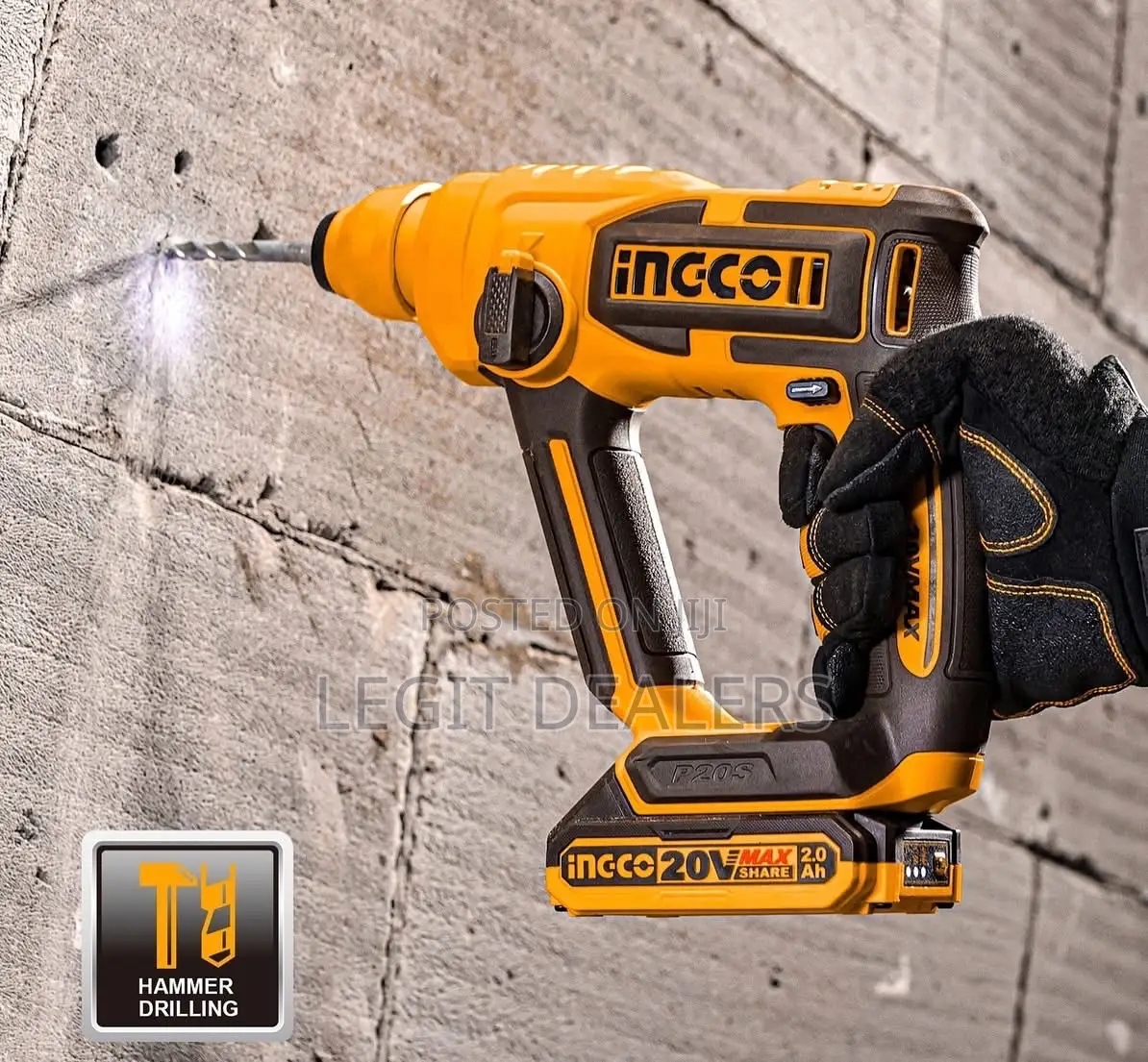 Ingco Cordless Rotary Hammer 20v + 3pcs Drill Bits