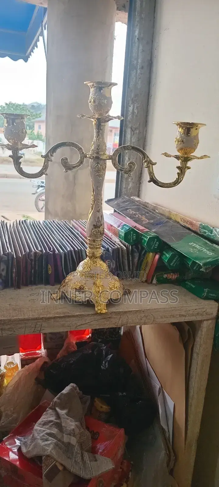 Gold Plated 3-Arm Candlestick Holder, Antique Candle Stand
