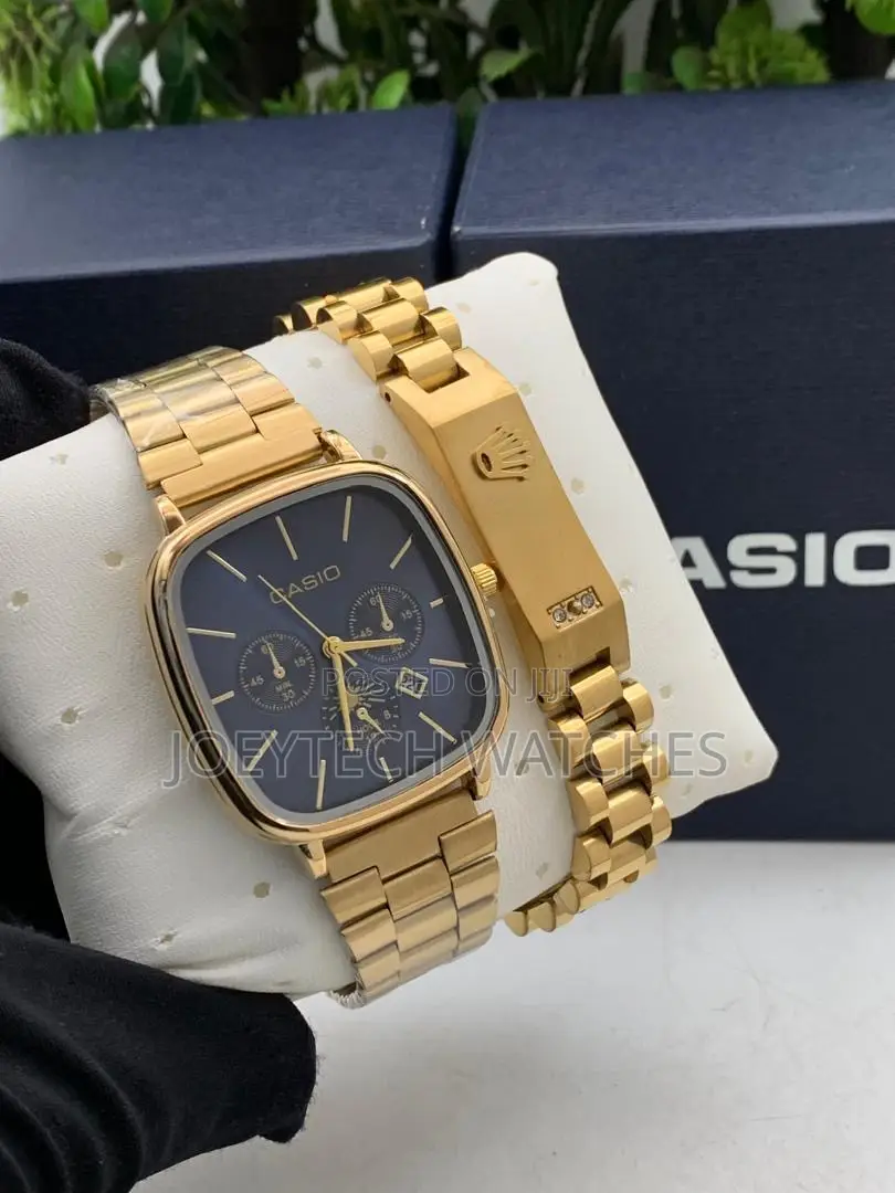 Gold Casio Analog Watch With Rolex Bracelet