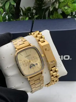 Gold Casio Analog Watch With Rolex Bracelet