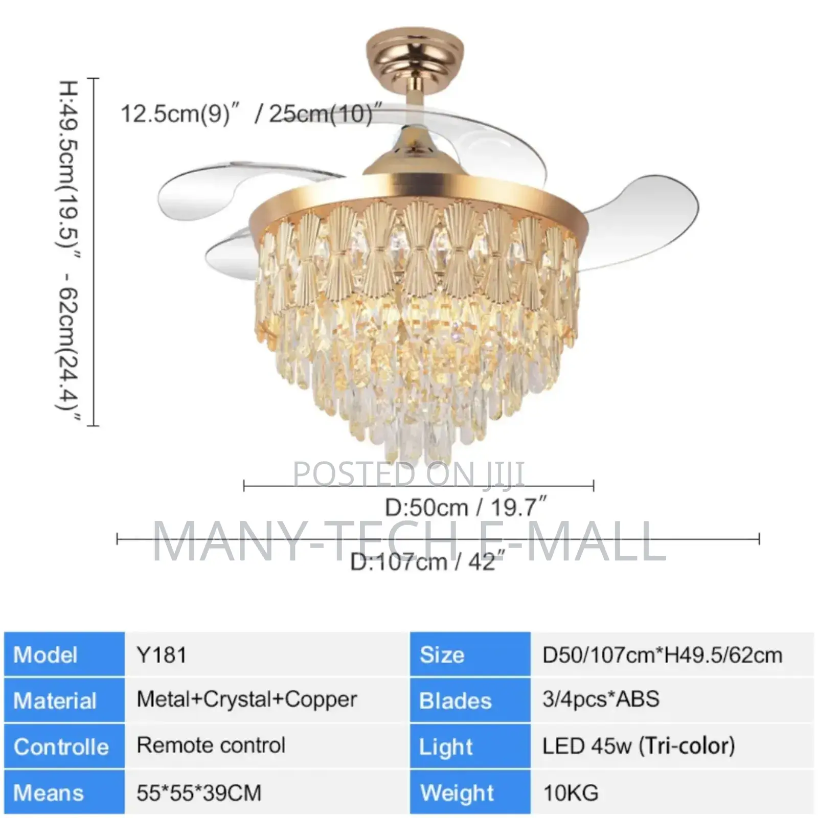 D2 Golden Crystal Chandelier Fan With Light.