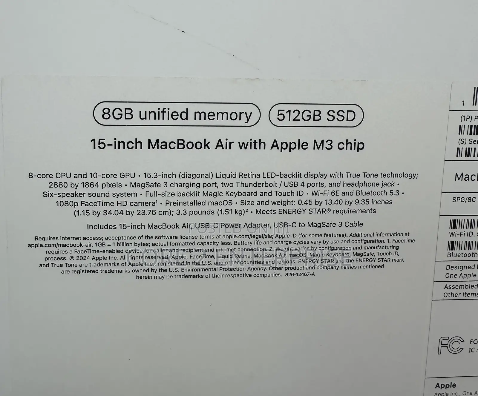 New Laptop Apple MacBook Air 2024 M3 15-Inch 8GB Apple M3 SSD 512GB
