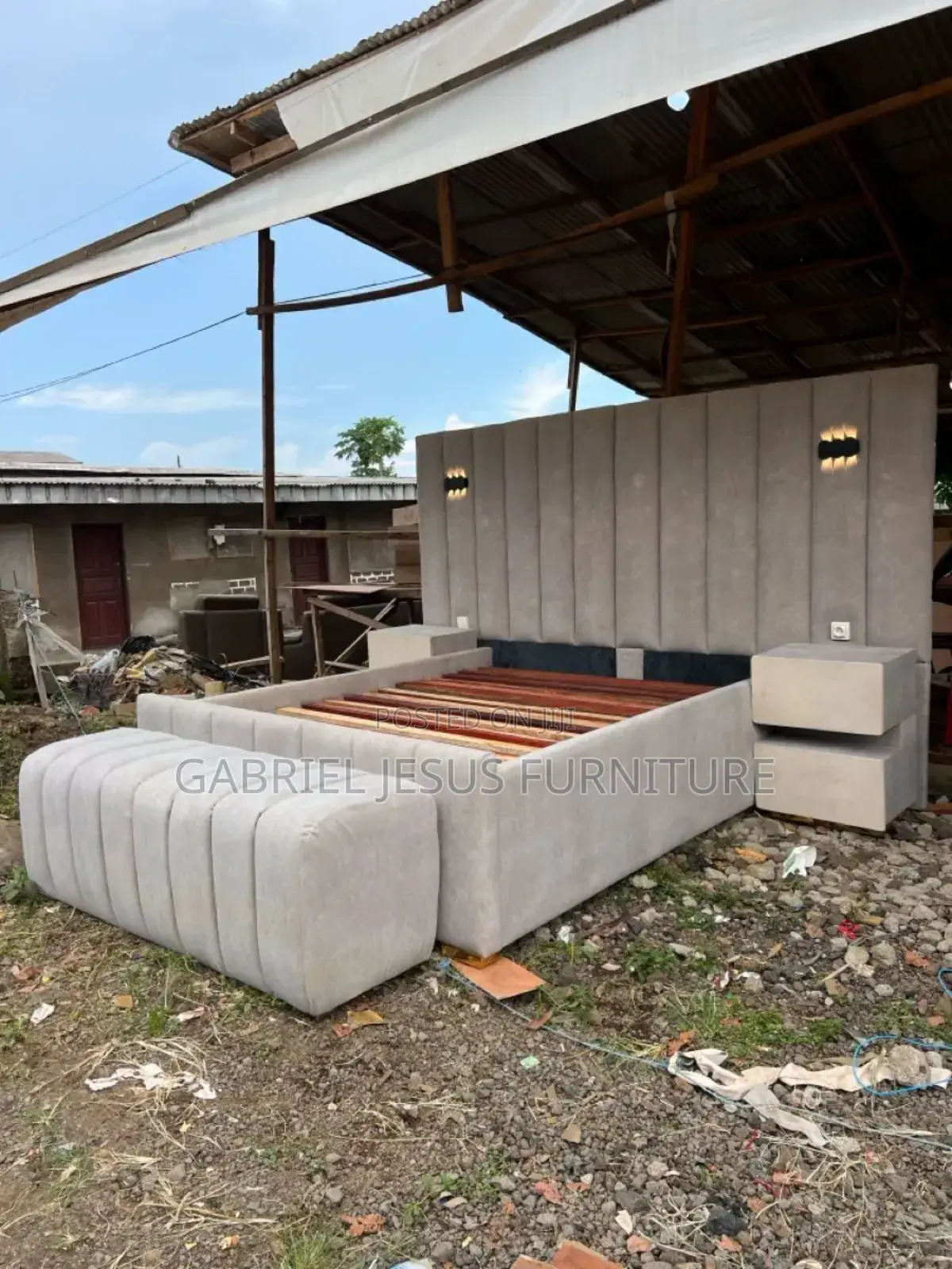 Queen Size Bed Frame With Light Drawers and Couch