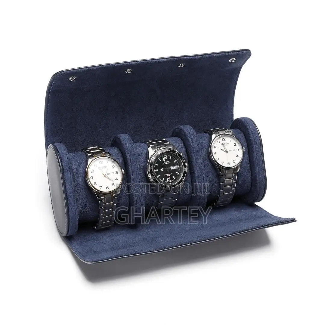 Premium Quality Leather Roll Travel 3 in 1 Watch Case/ Organizer Blue