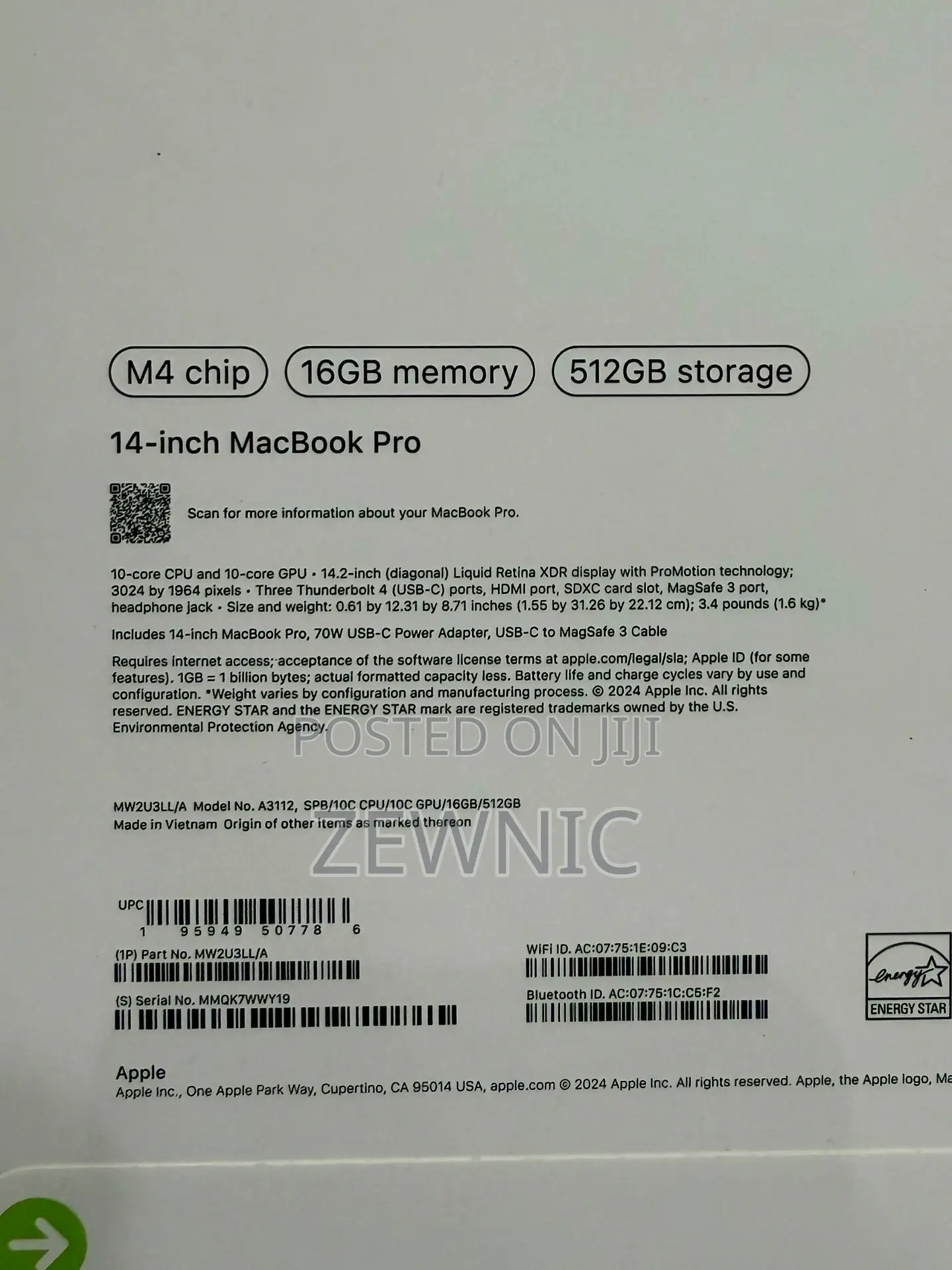 New Laptop Apple MacBook Pro 2024 M4 14-Inch 16GB Apple M4 SSD 512GB