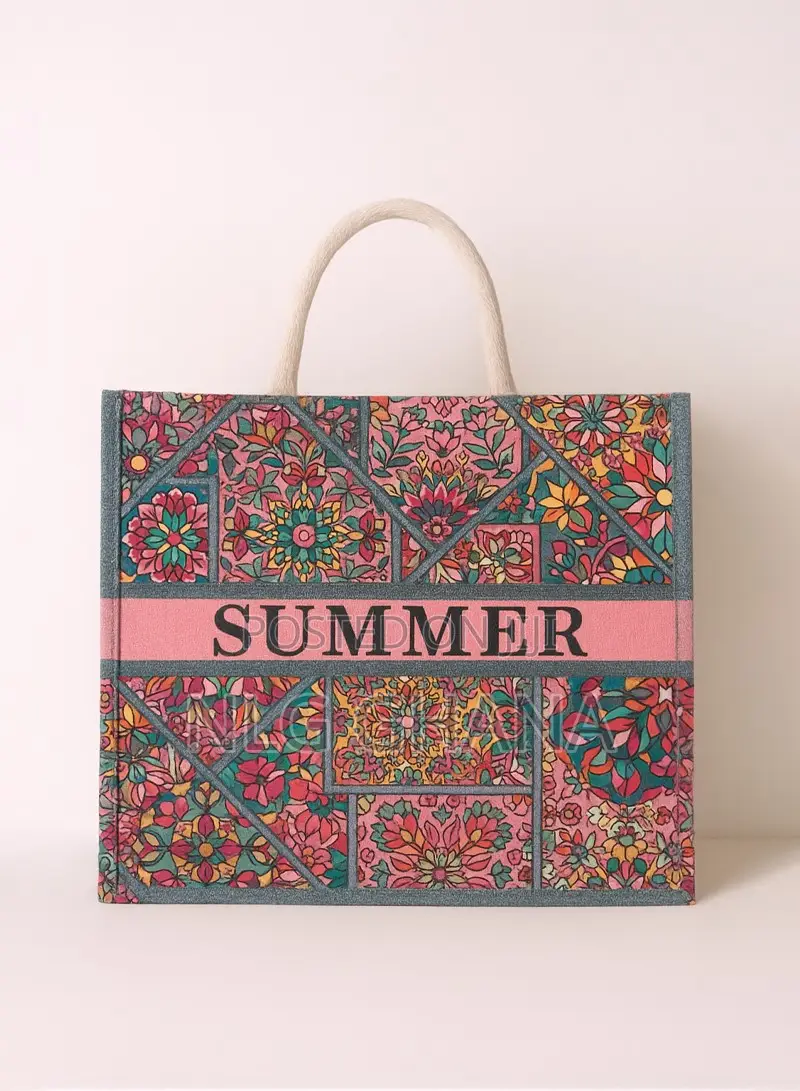 Summer Floral Print Beach Tote Bag - Large Woven Straw. Ghx6628