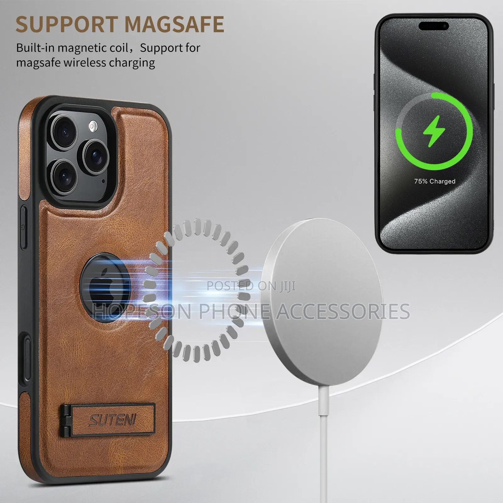 iPhone Leather Case, Magsafe Wireless Charging Support and Kick-Stand