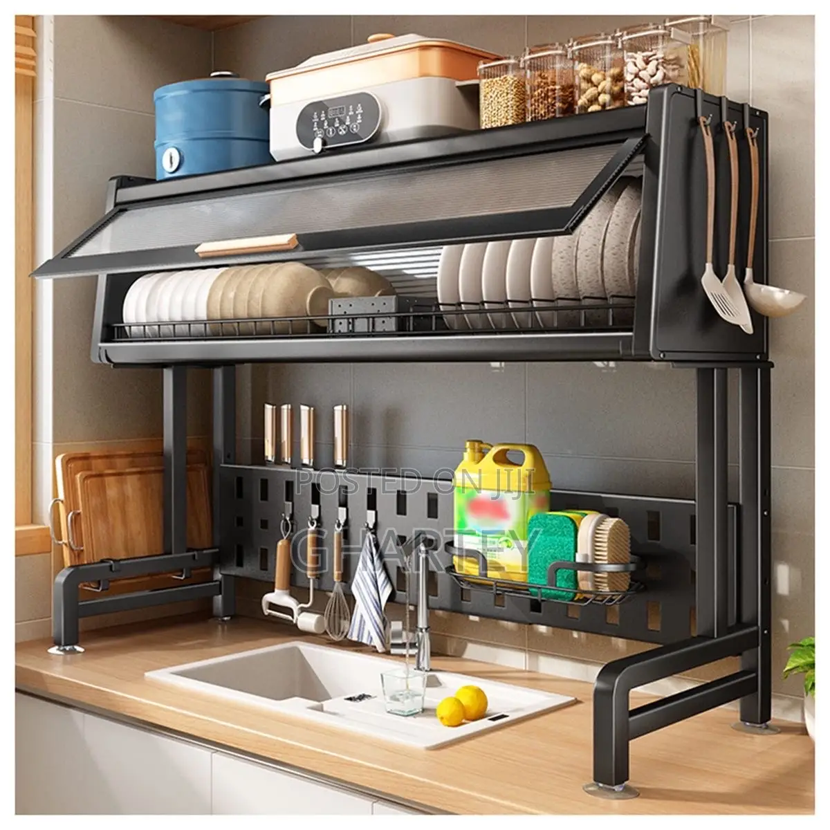2 Tier Over Sink Dish Drainer Plates Rack - Black