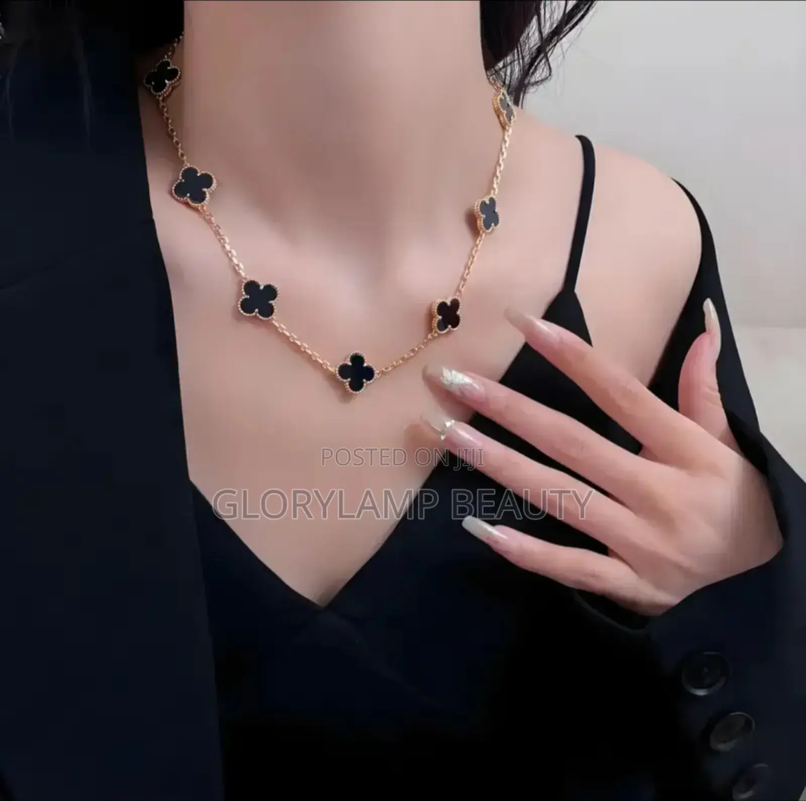 Flower Pendant Necklace – Gold Chain With Black Enamel Charms
