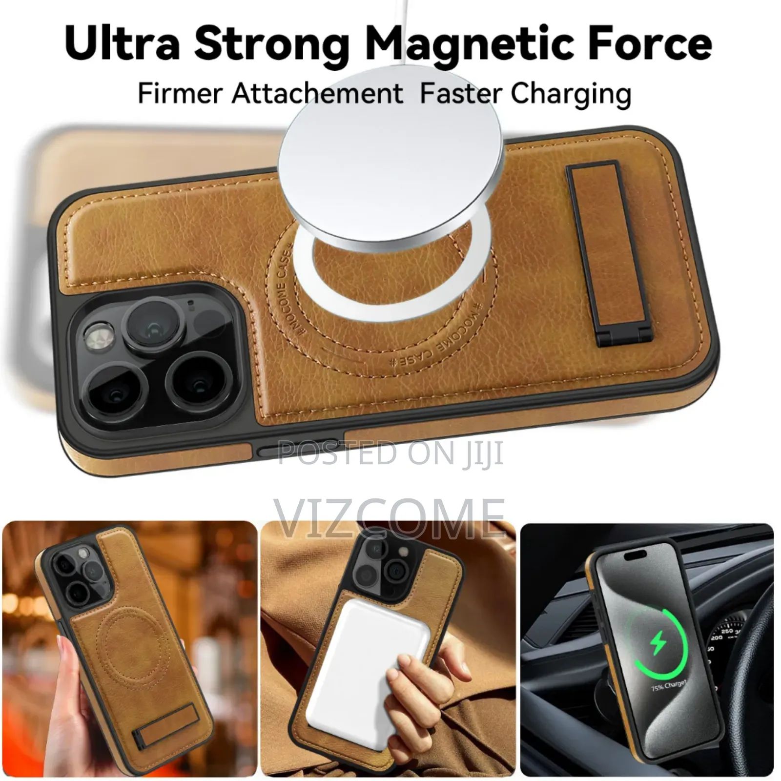 Rugged Magnetic Leather Phone Case With Kickstand