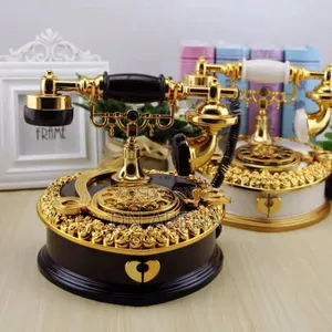Ornament Retro Dial Telephone Music Box With Drawer Golden Brown