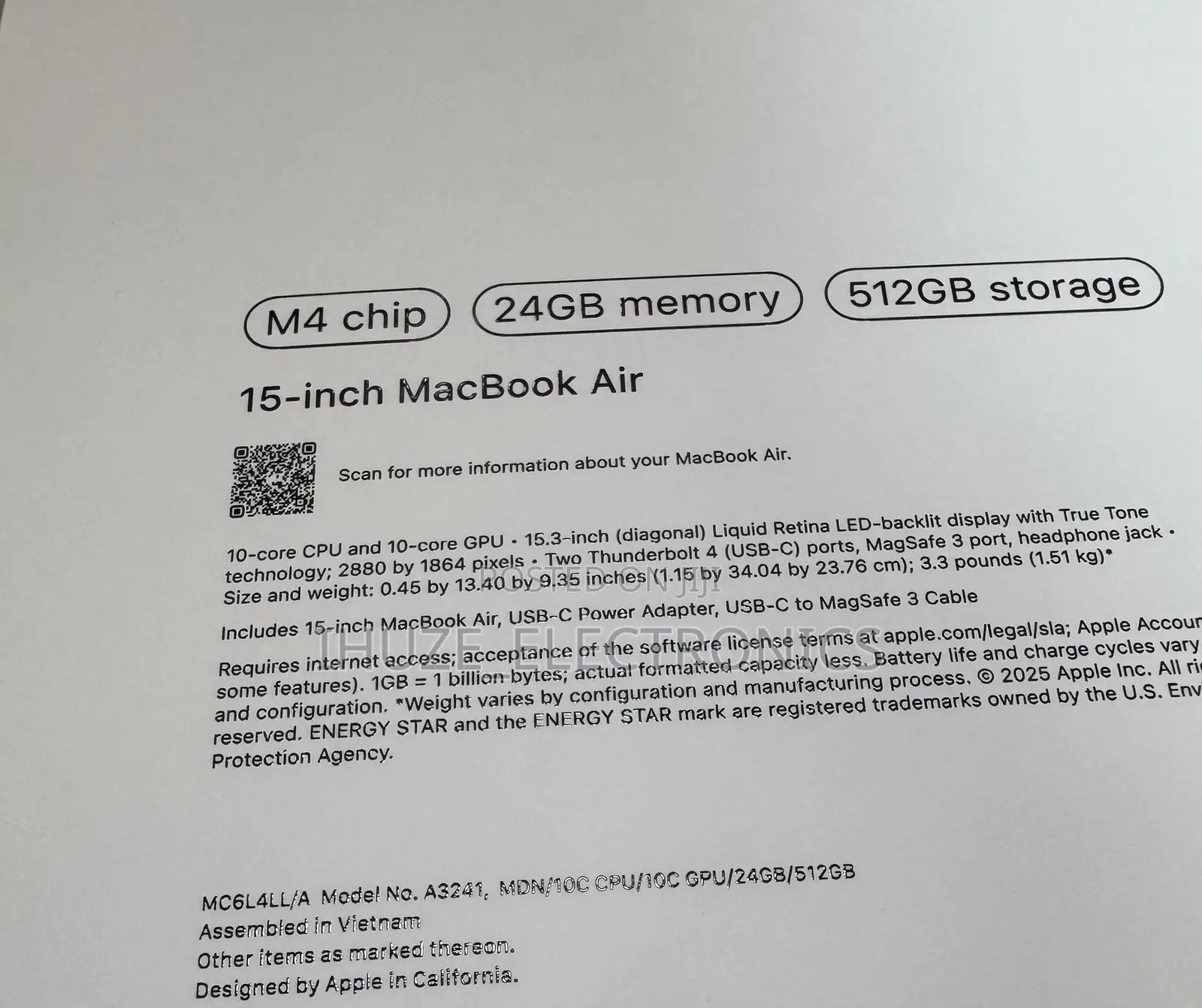 New Laptop Apple MacBook Air 2025 M4 15-Inch 24GB Apple M4 SSD 512GB