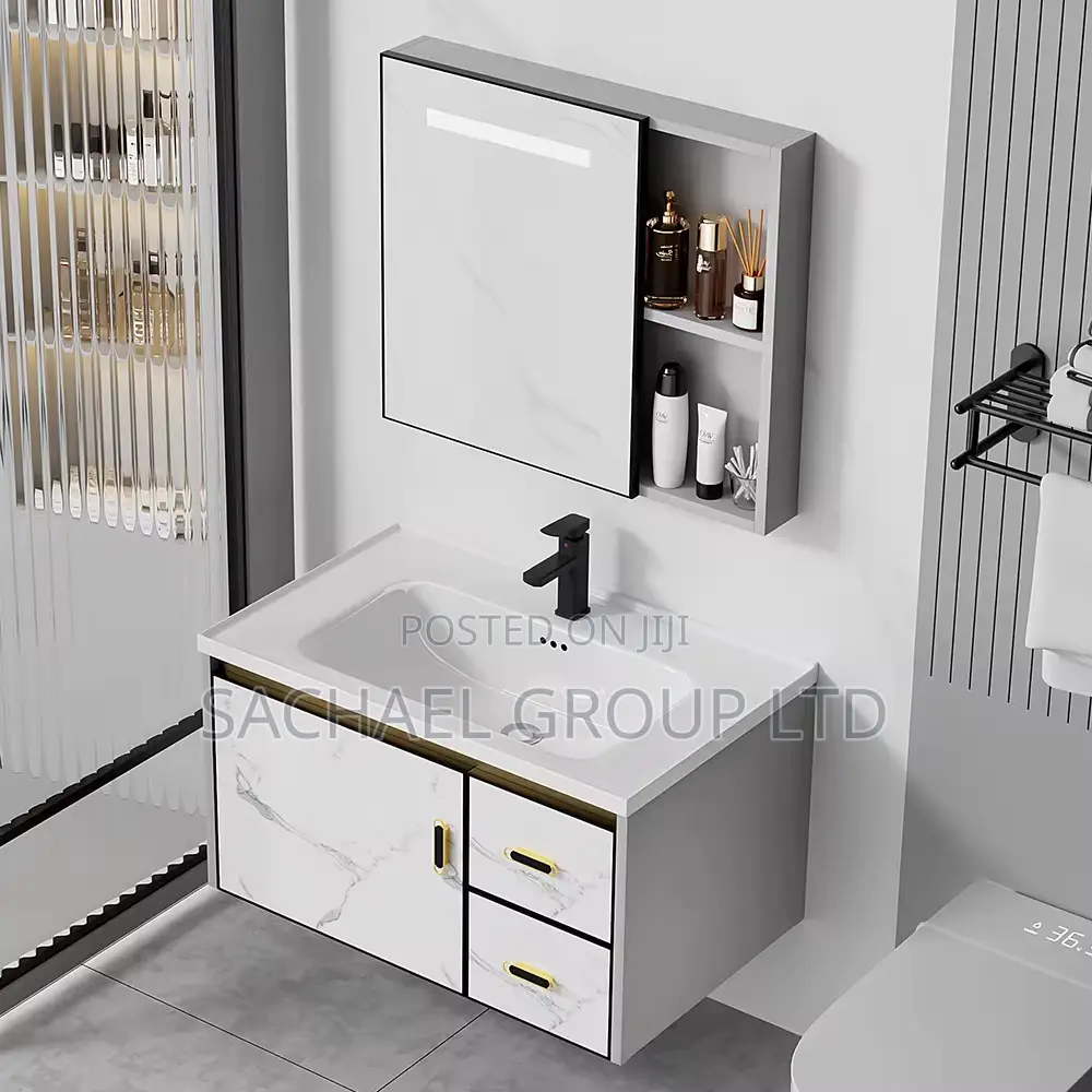 White and Gold Cabinet Basin 60cm
