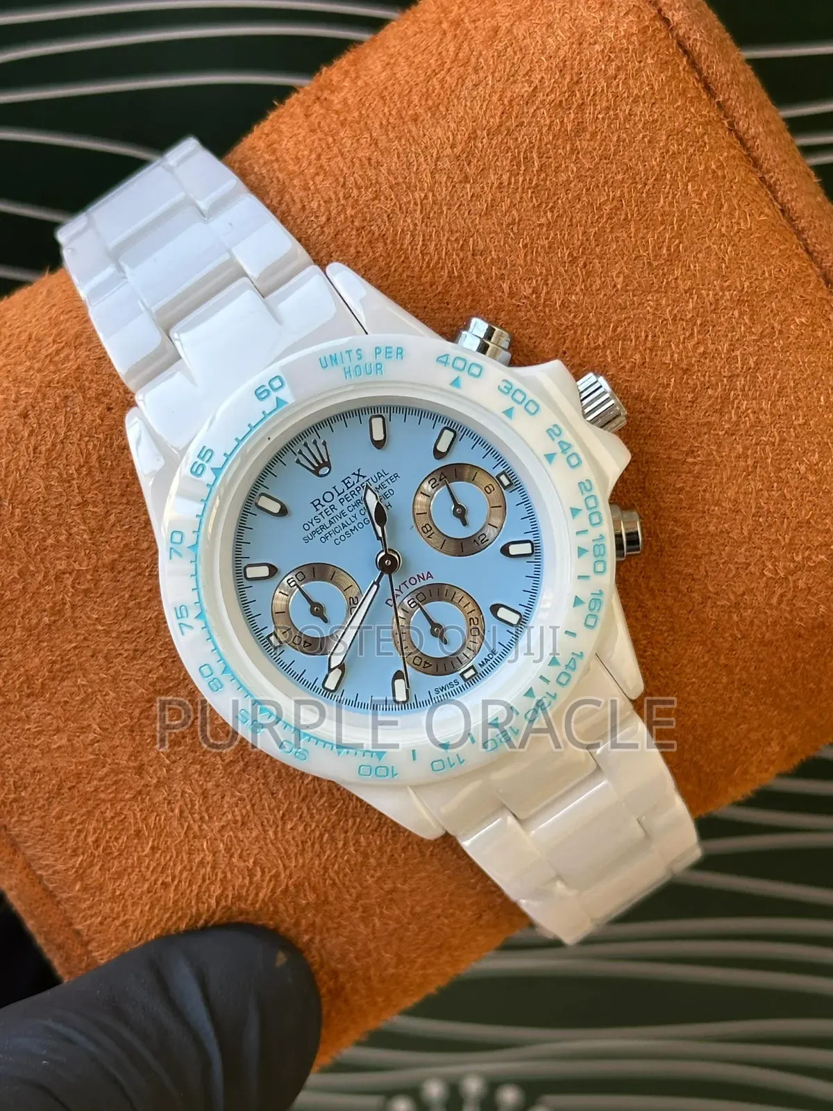 Blue Dial Yet All White Ceramic Rolex Daytona Timepiece