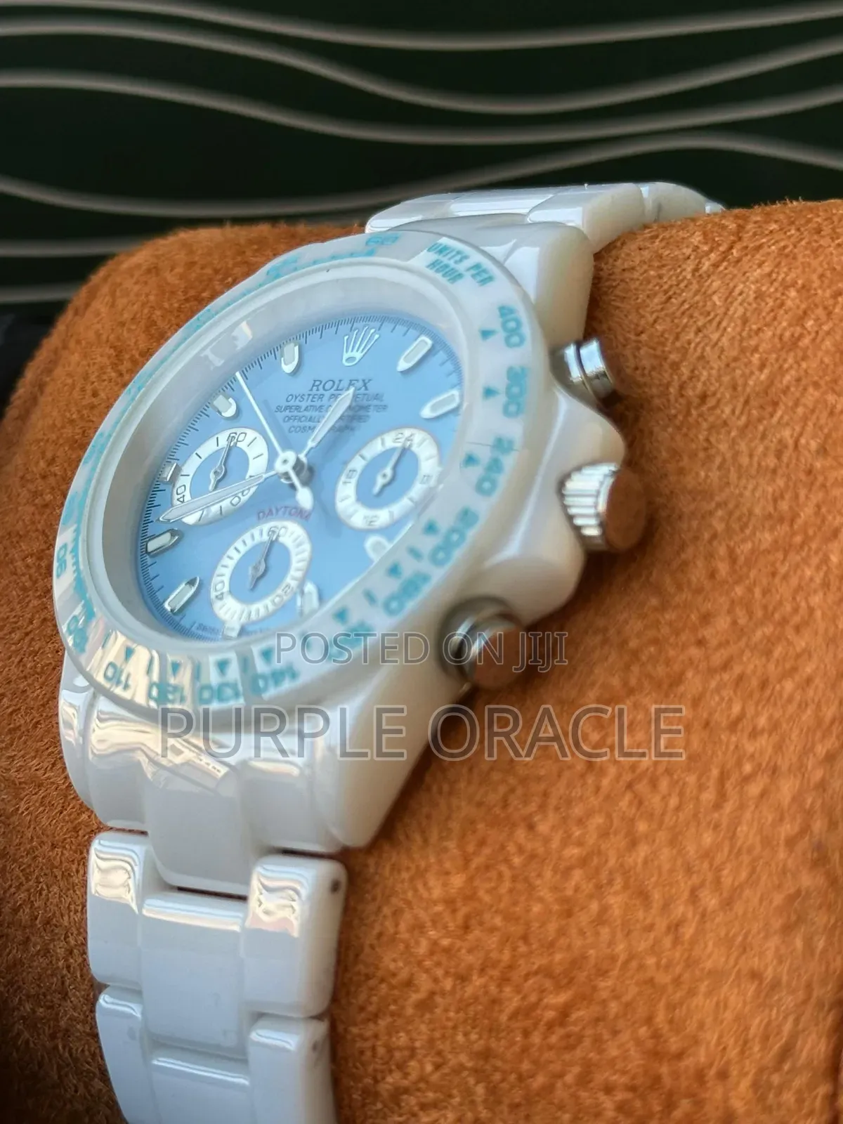 Blue Dial Yet All White Ceramic Rolex Daytona Timepiece
