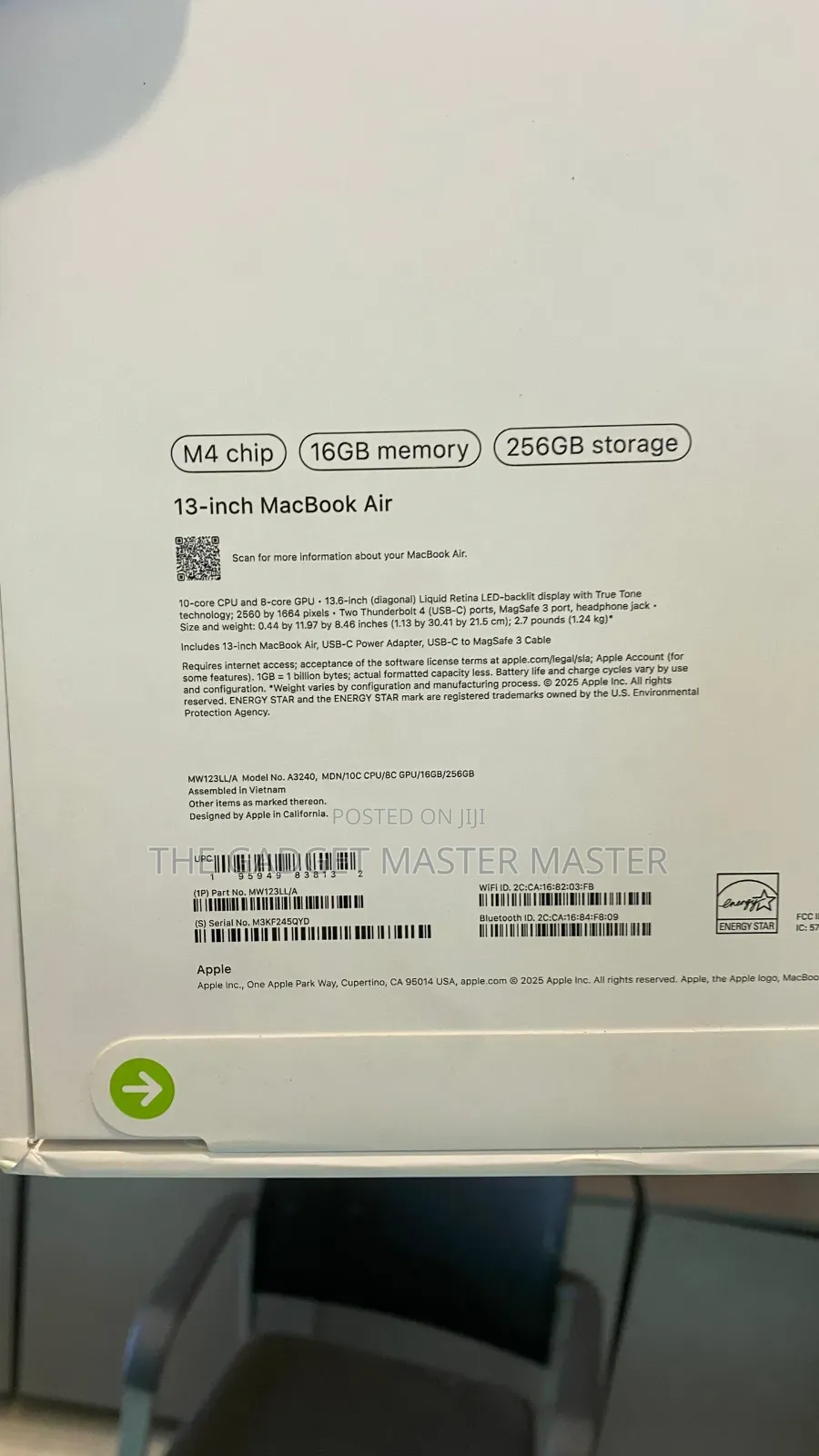 New Laptop Apple MacBook Air 2025 M4 13-inch 16GB Apple M4 SSD 256GB