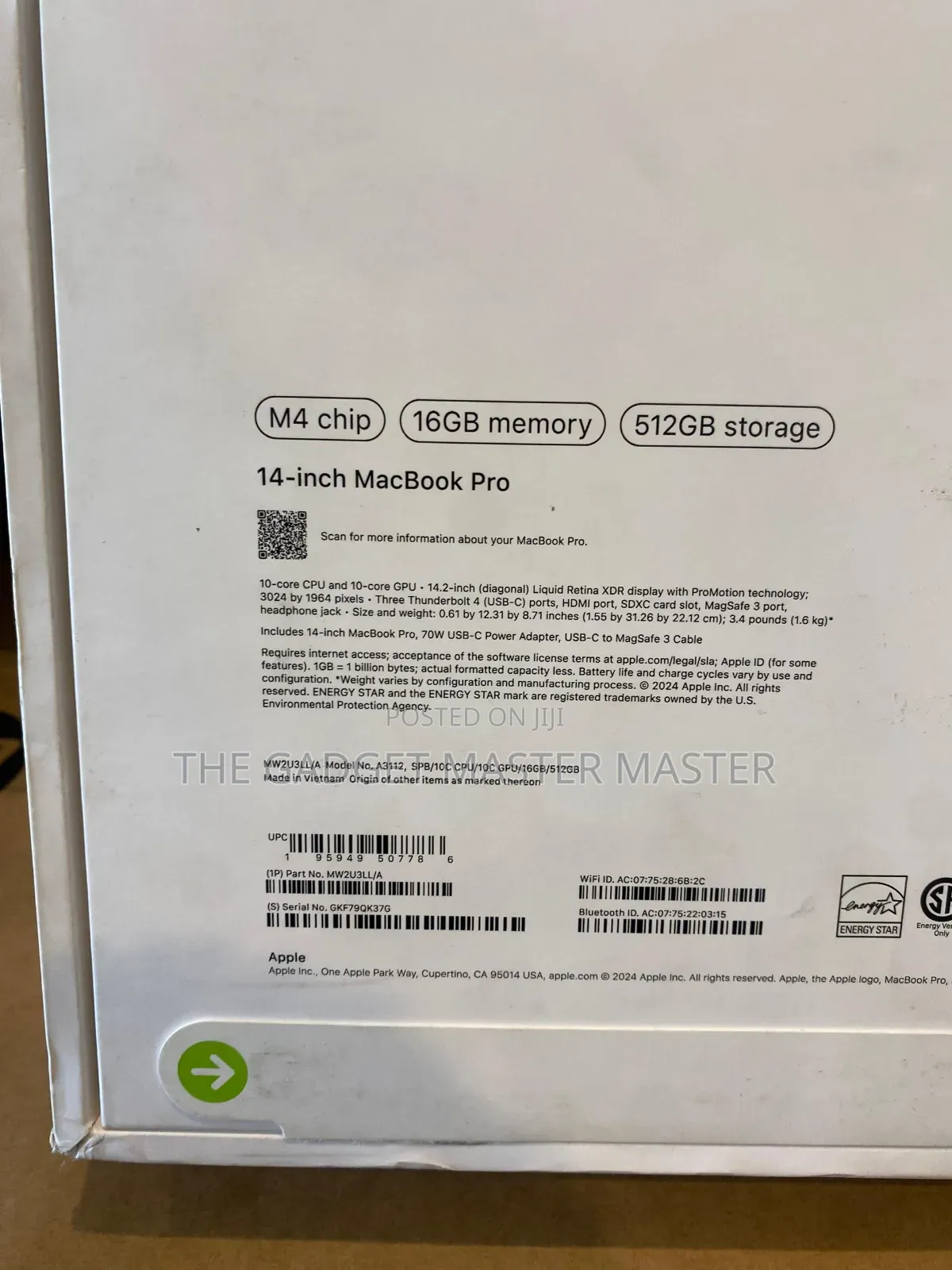 New Laptop Apple MacBook Pro 2024 M4 14-Inch 16GB Apple M4 SSD 512GB