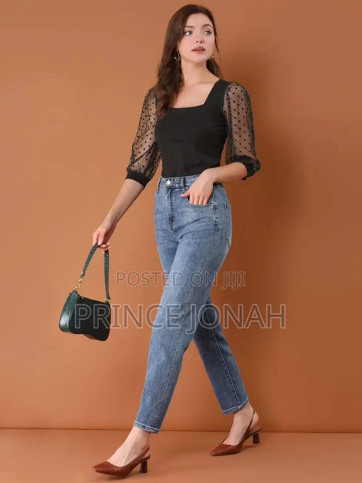 Retro Square Neck Tops Slim Fit Semi Sheer 3/4 Mesh Sleeve Top