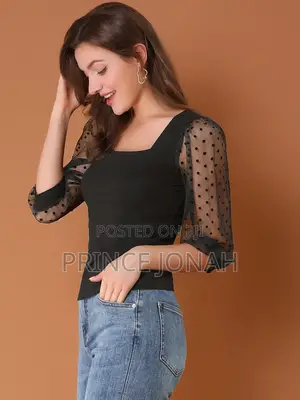 Retro Square Neck Tops Slim Fit Semi Sheer 3/4 Mesh Sleeve Top
