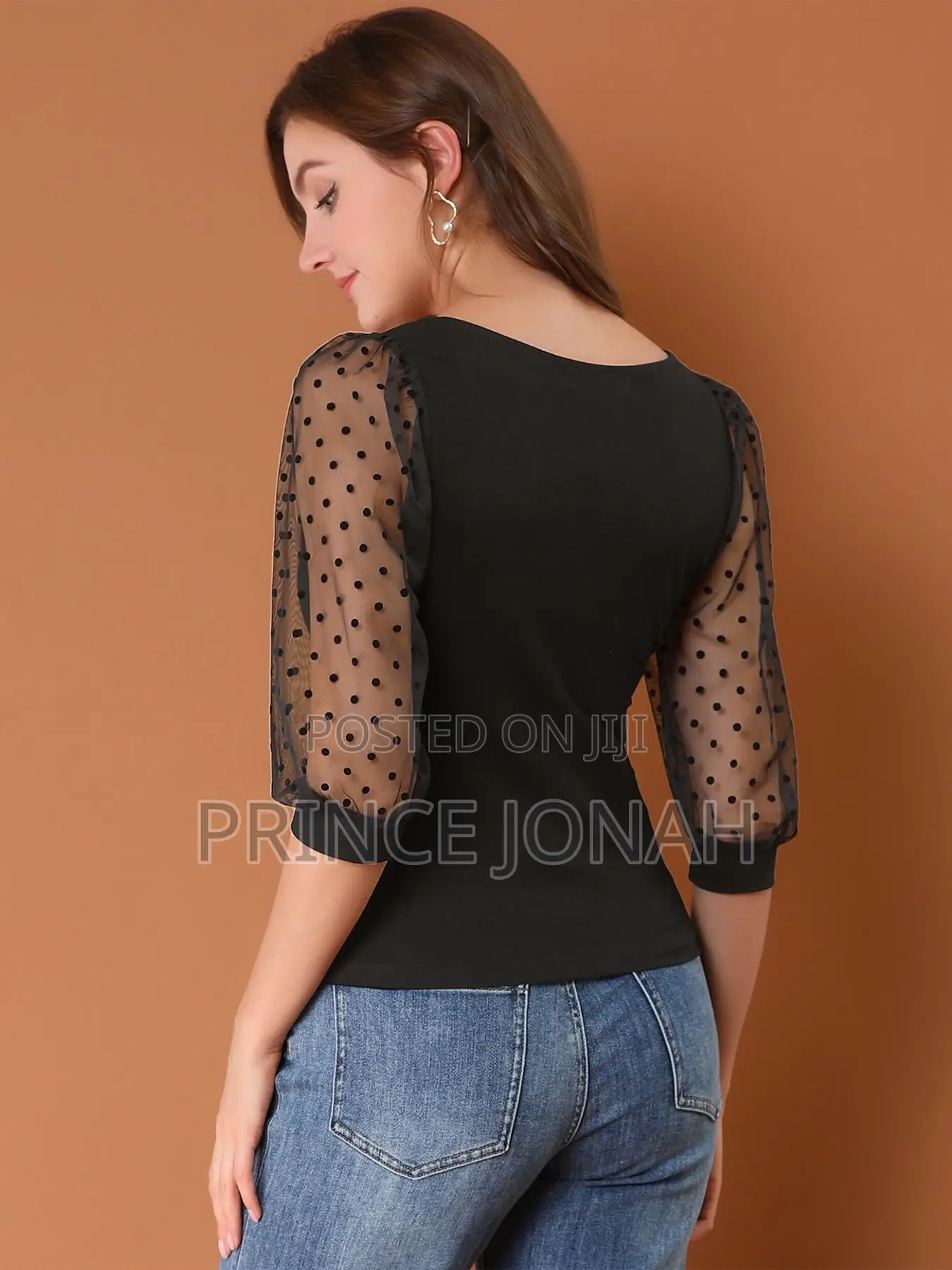 Retro Square Neck Tops Slim Fit Semi Sheer 3/4 Mesh Sleeve Top