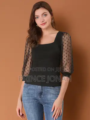 Retro Square Neck Tops Slim Fit Semi Sheer 3/4 Mesh Sleeve Top