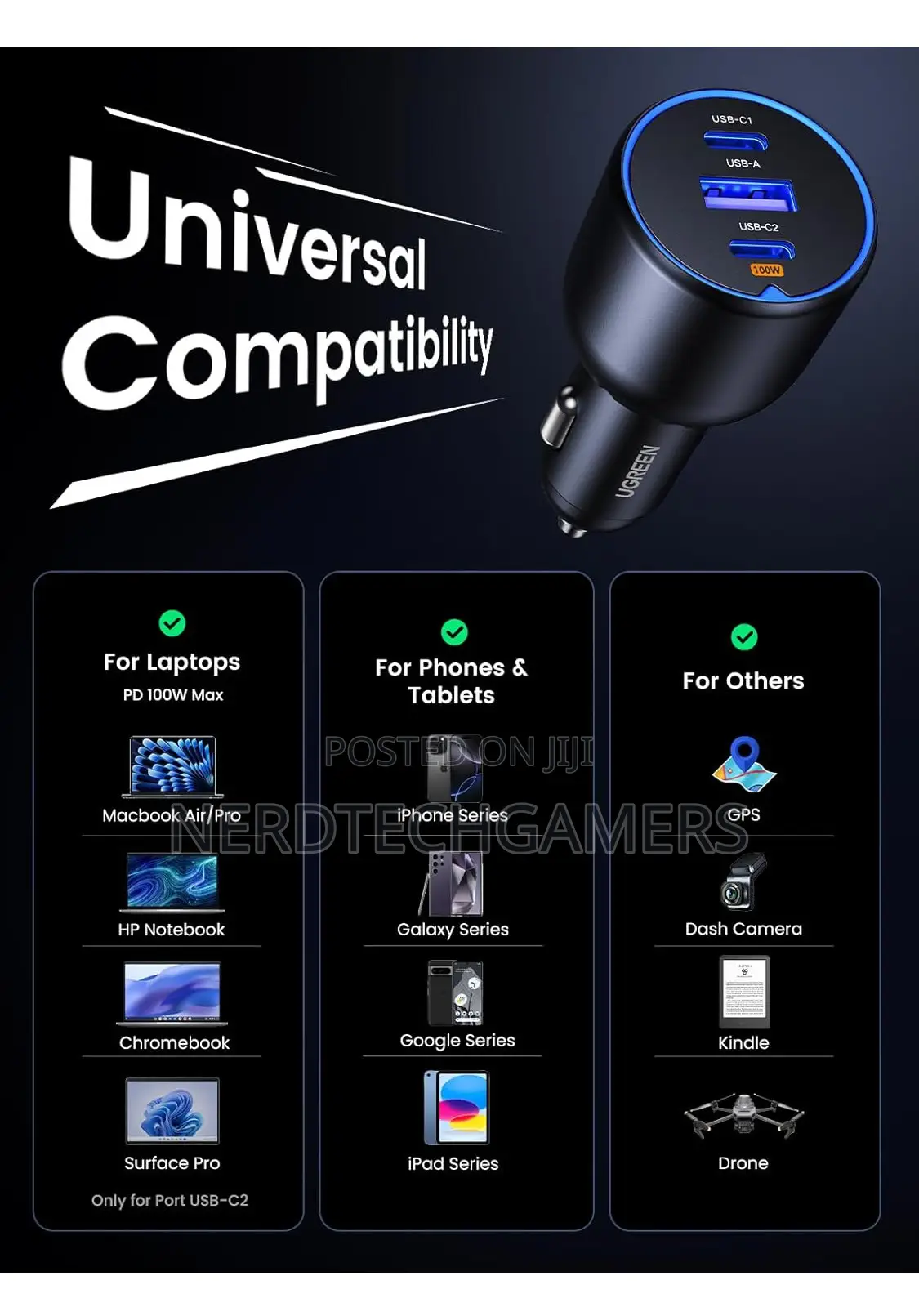 Ugreen 130w Usb C Car Charger, Pd 100w