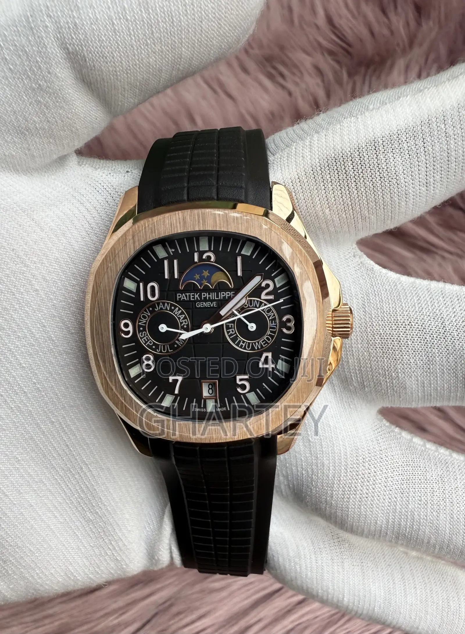 Patek Philippe Aquanaut Rose Gold With Black Dial Strap – Moonphase