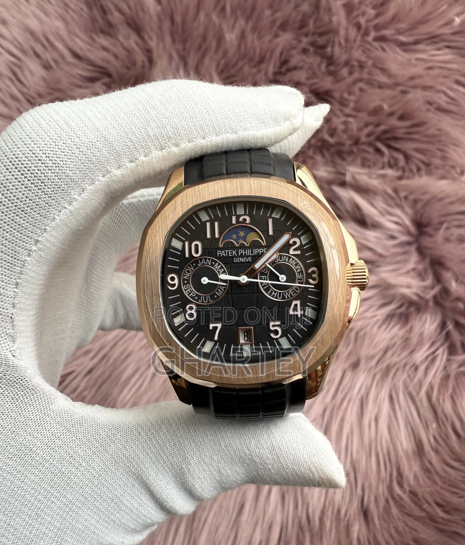 Patek Philippe Aquanaut Rose Gold With Black Dial Strap – Moonphase
