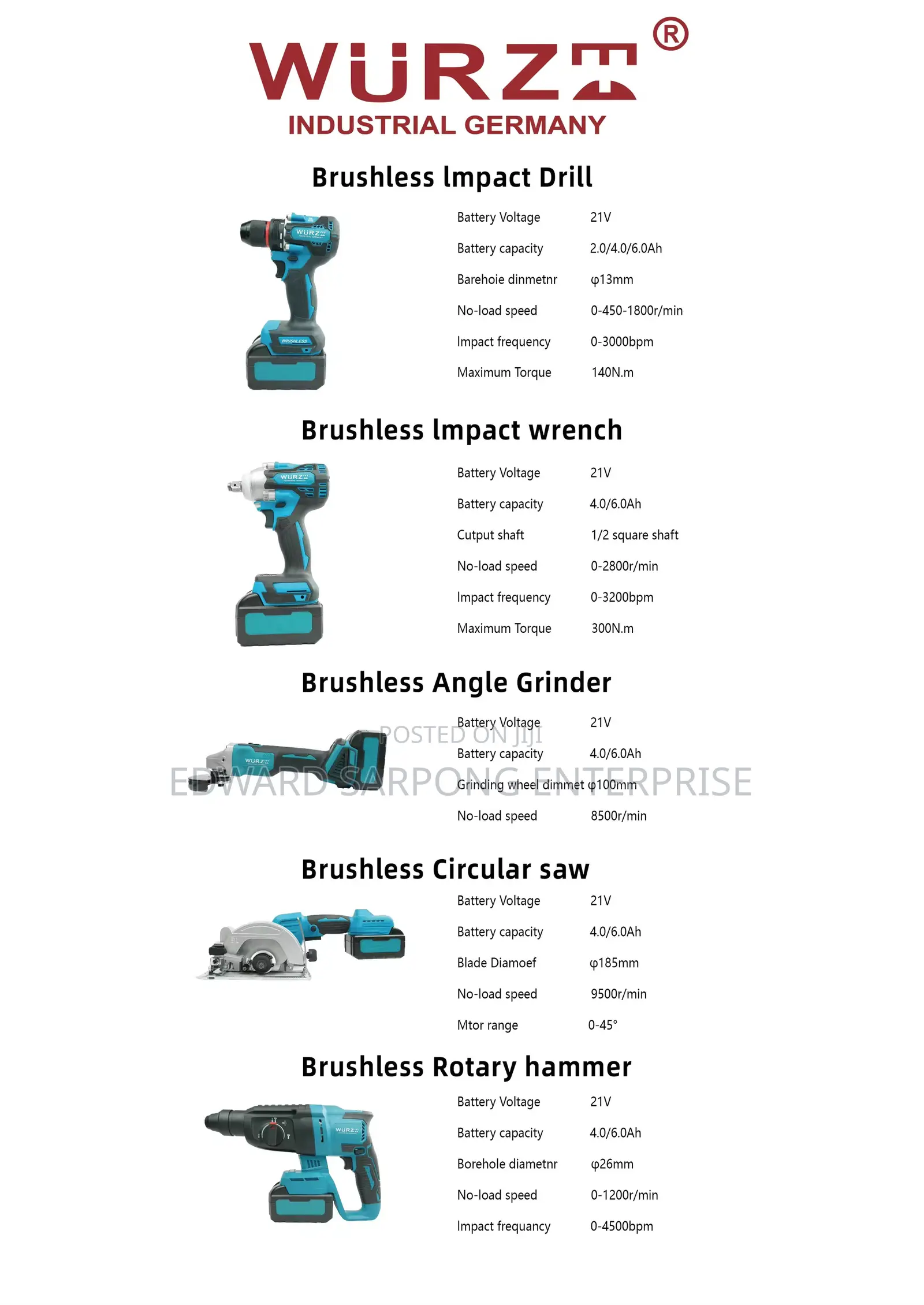 5pcs 21v Cordless Kit: Hammer Impact Drill, Wrench, Grinder, Cutter