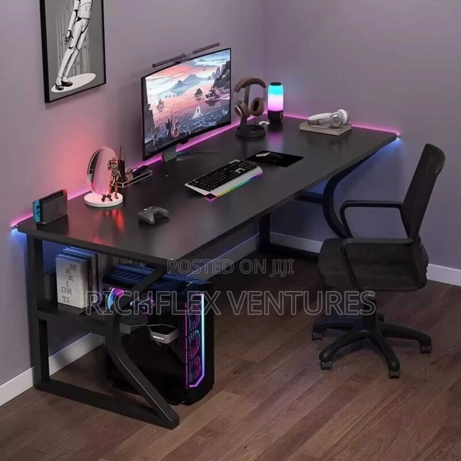 Gaming Study Office Desk With Beneath Bookshelf and Storage Rack