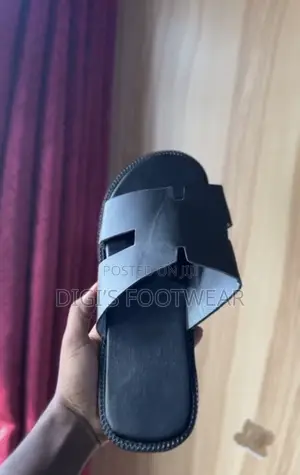 Black Hermes Leather Slippers