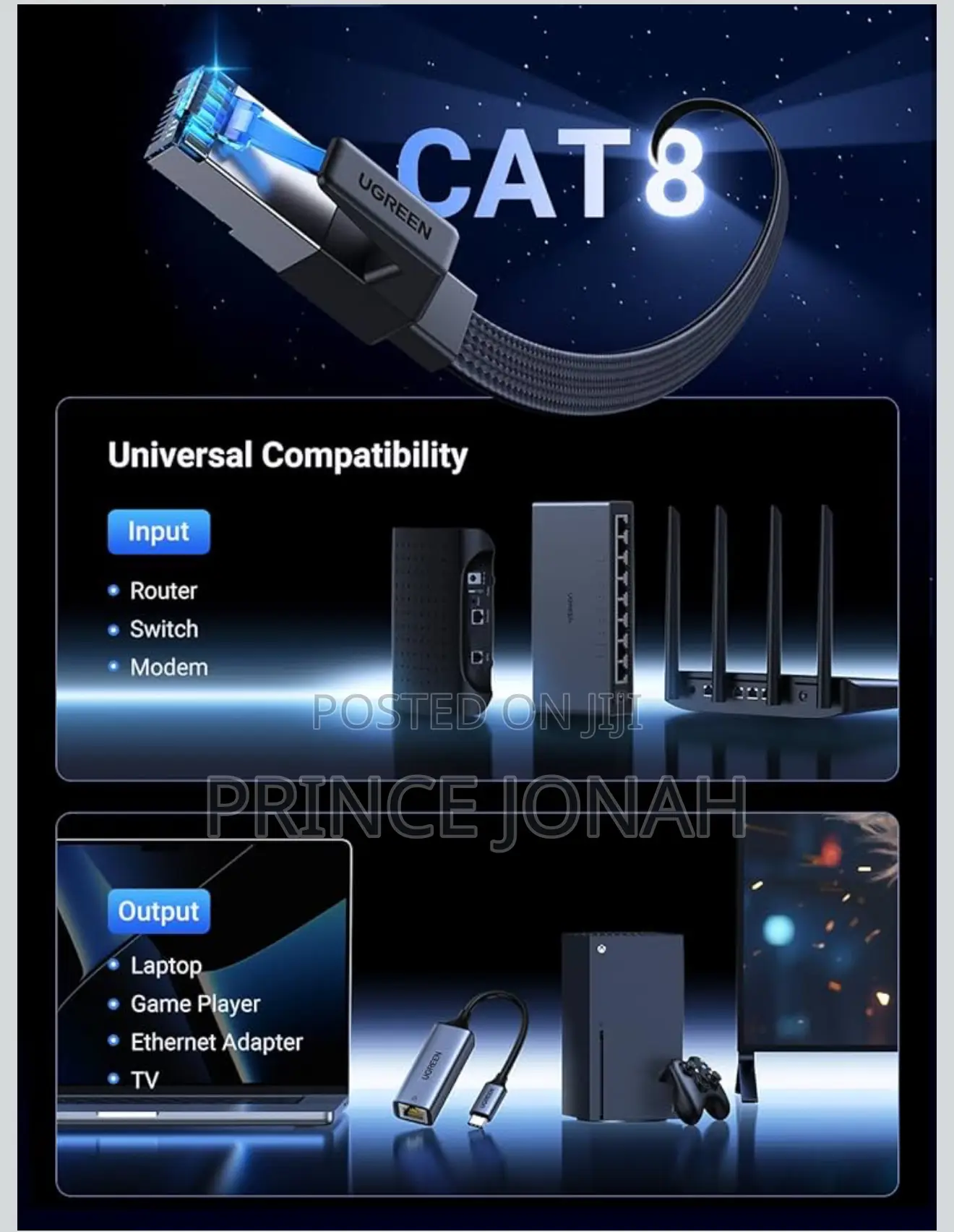 Ugreen Ethernet Cable 15m, Cat 8 Internet Cable Flat High-Speed 40gbps