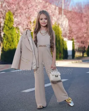 4 Piece Beige Jumpsuit With Bag, Necklace and Blazer