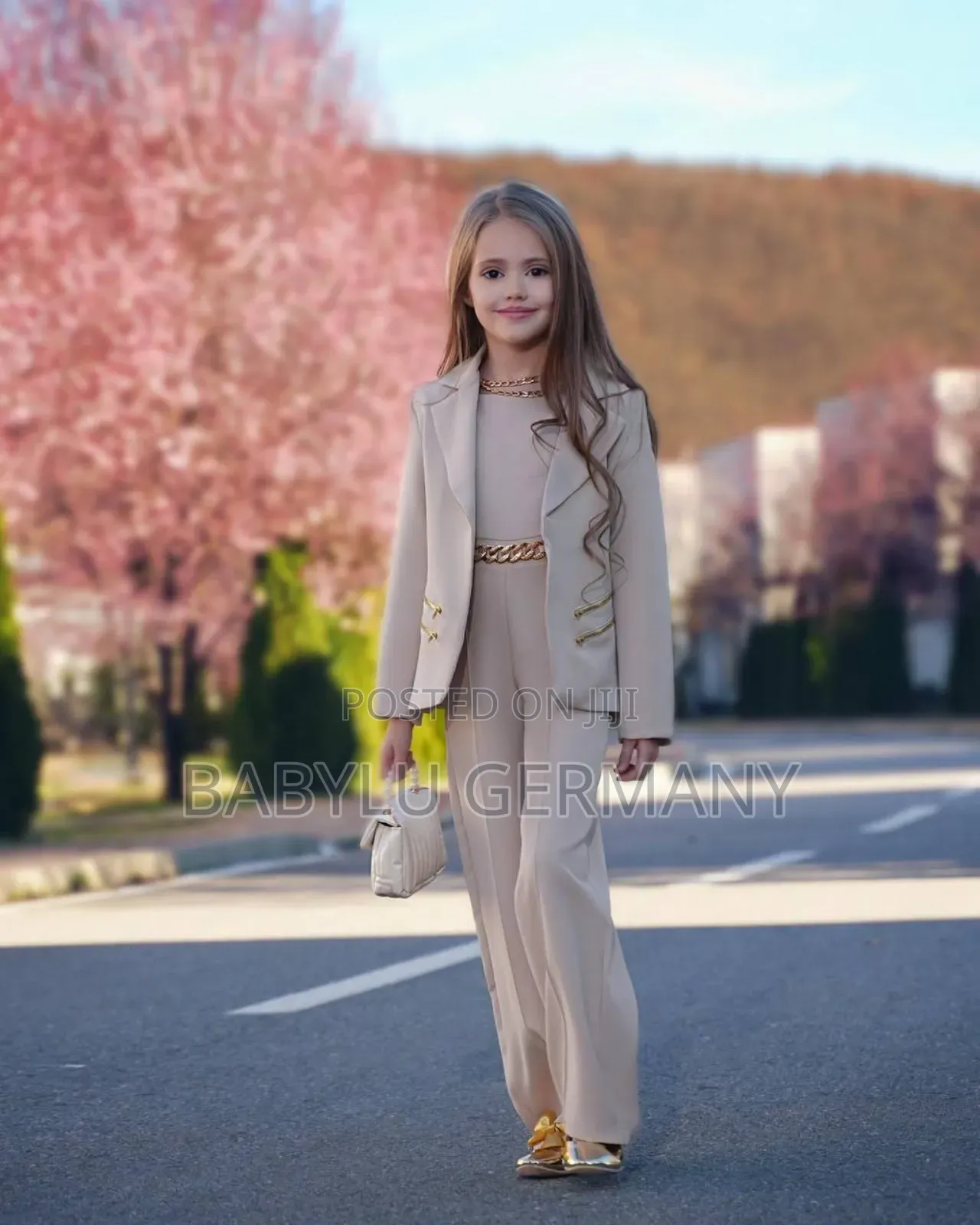 4 Piece Beige Jumpsuit With Bag, Necklace and Blazer