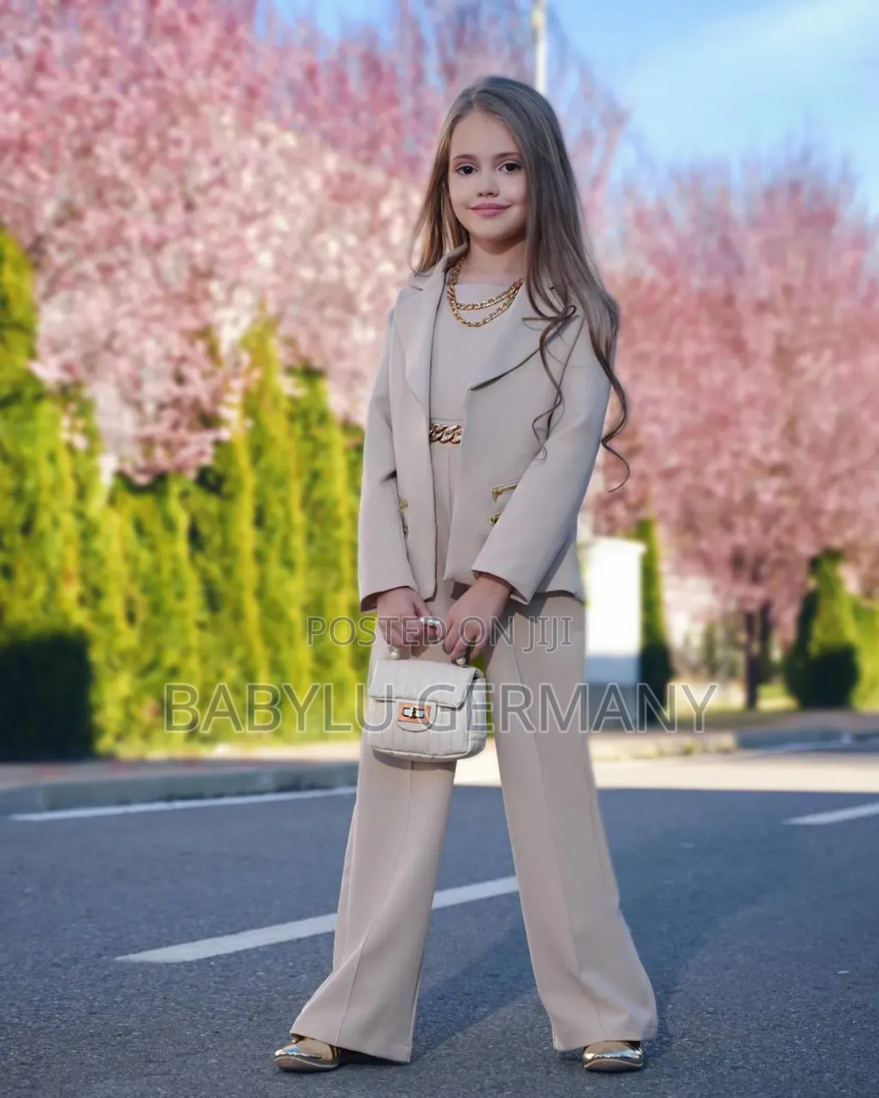 4 Piece Beige Jumpsuit With Bag, Necklace and Blazer