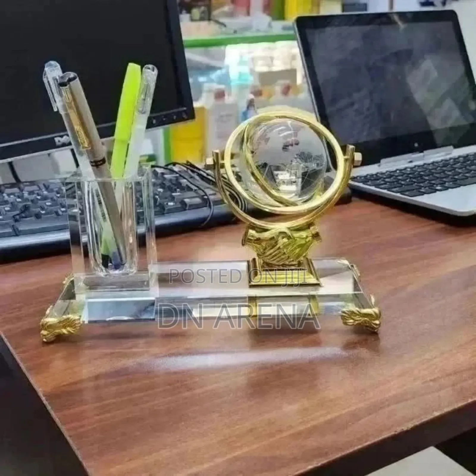 Crystal Globe and Eagle Desk Organizer Pen Holder