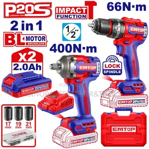 EMTOP ECKL20275 20V Brushless Drill 400Nm Impact Wrench Combo Kit