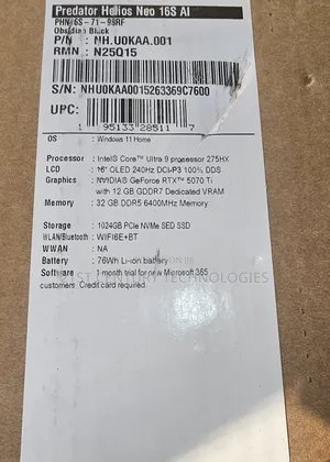 New Laptop Acer Predator Helios Neo 16 32GB Intel Core Ultra 9 SSD 1T