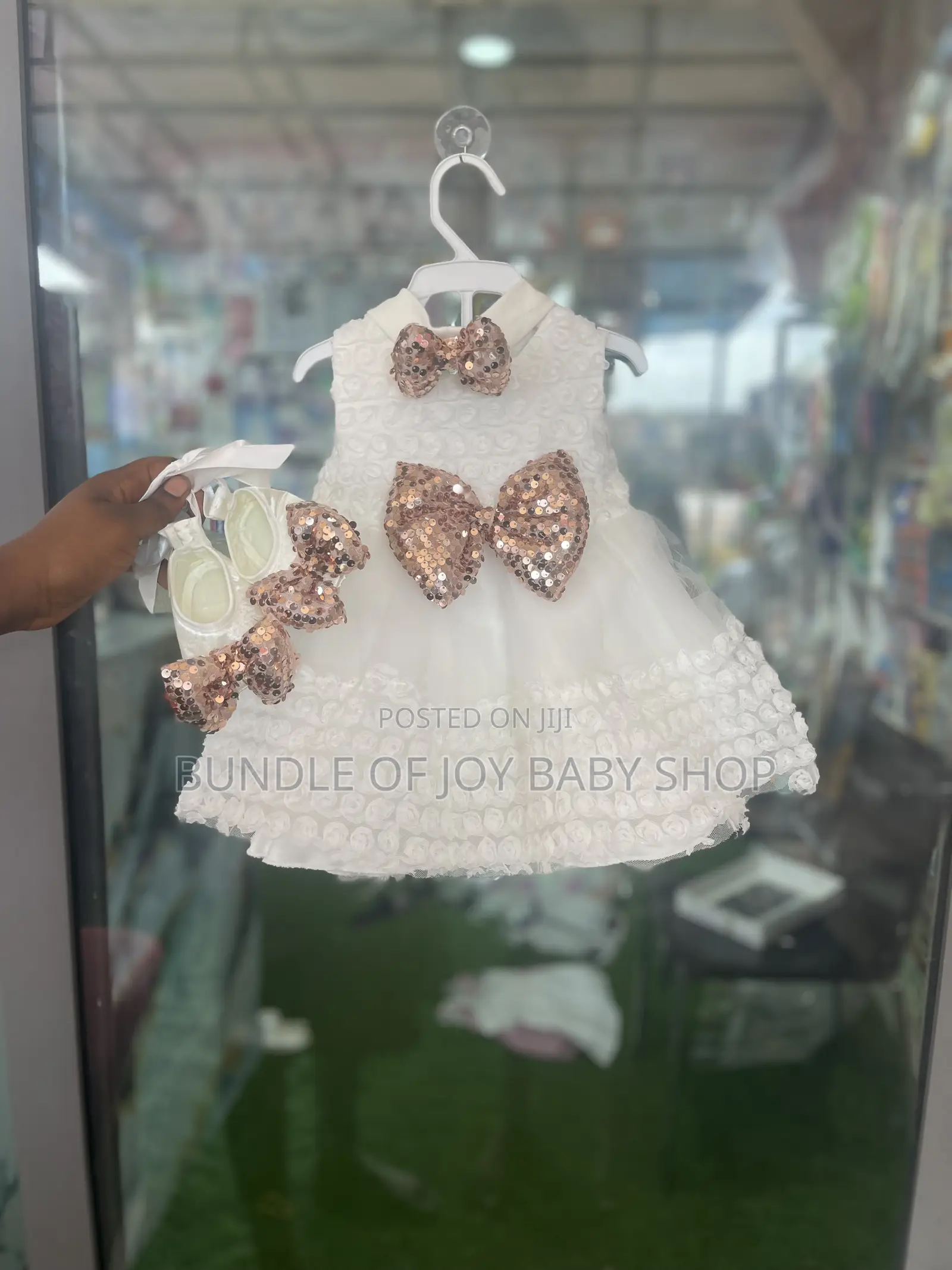 White Baby Girl Dress With Sequined Bows and Matching Shoes