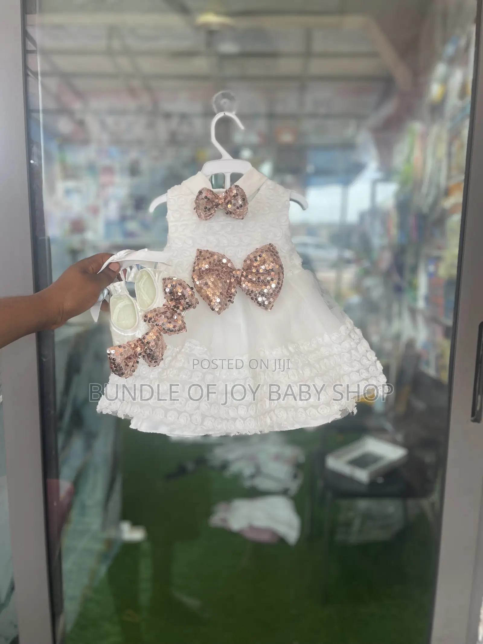White Baby Girl Dress With Sequined Bows and Matching Shoes