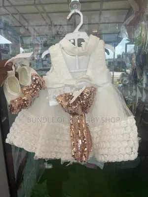 White Baby Girl Dress With Sequined Bows and Matching Shoes