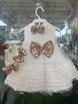 White Baby Girl Dress With Sequined Bows and Matching Shoes