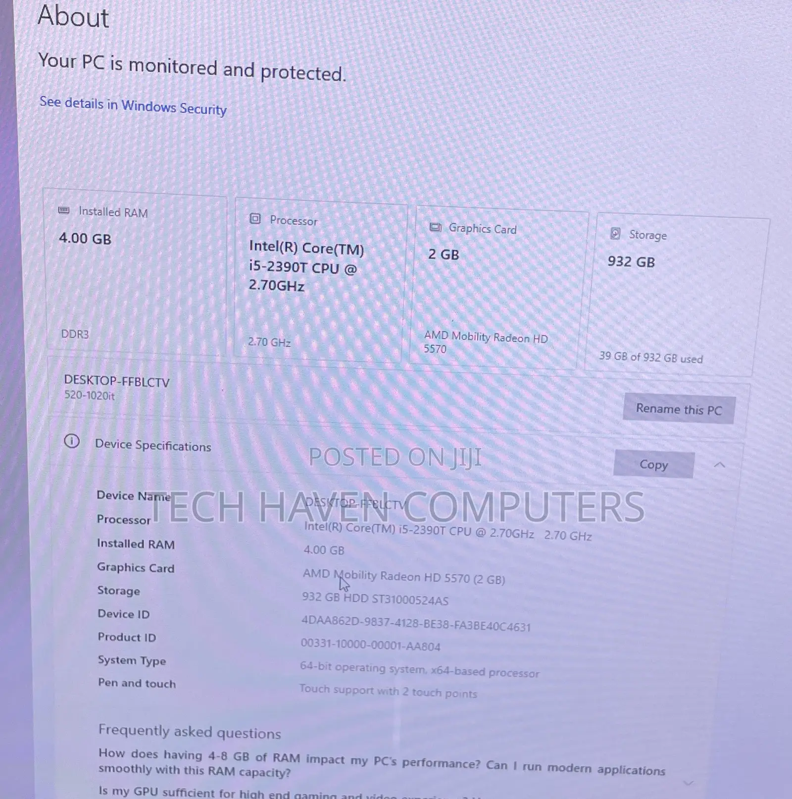 Desktop Computer HP 4GB Intel Core I5 HDD 1T